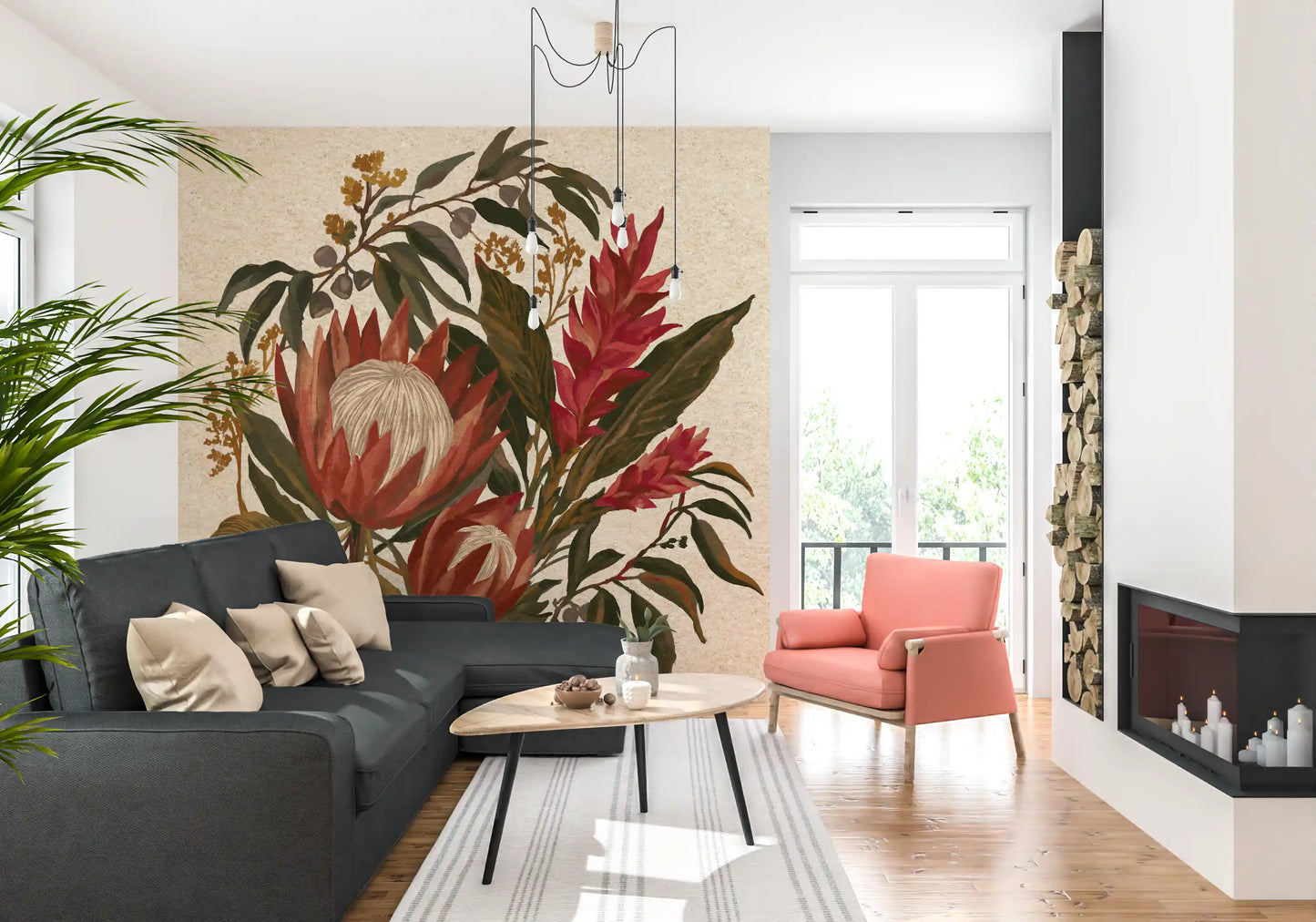 Protea flowers and ginger lili wall mural in painterly vintage botanical style