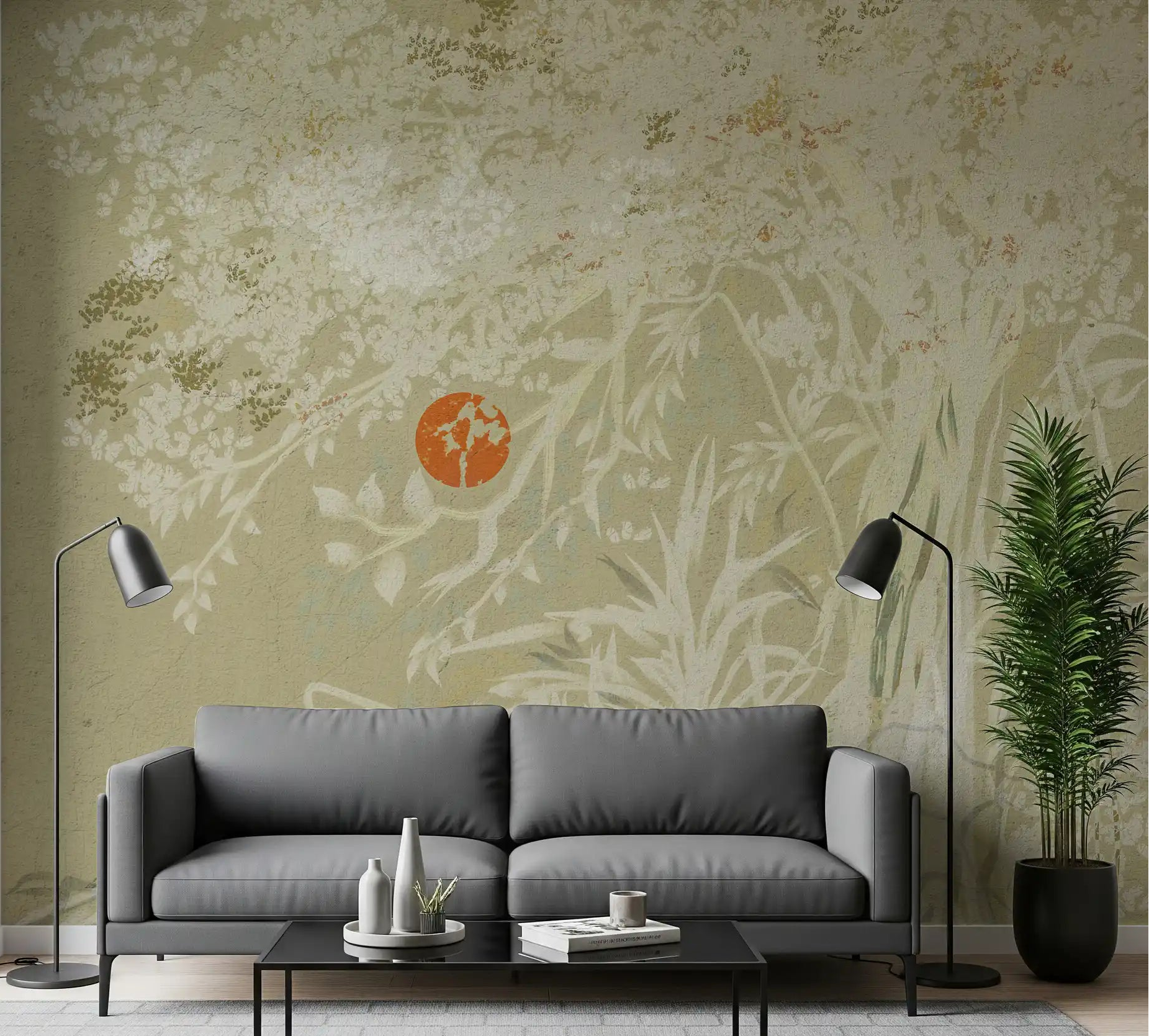 Textured botanical sunrise wall mural with white weathered finish for living room., GD10017