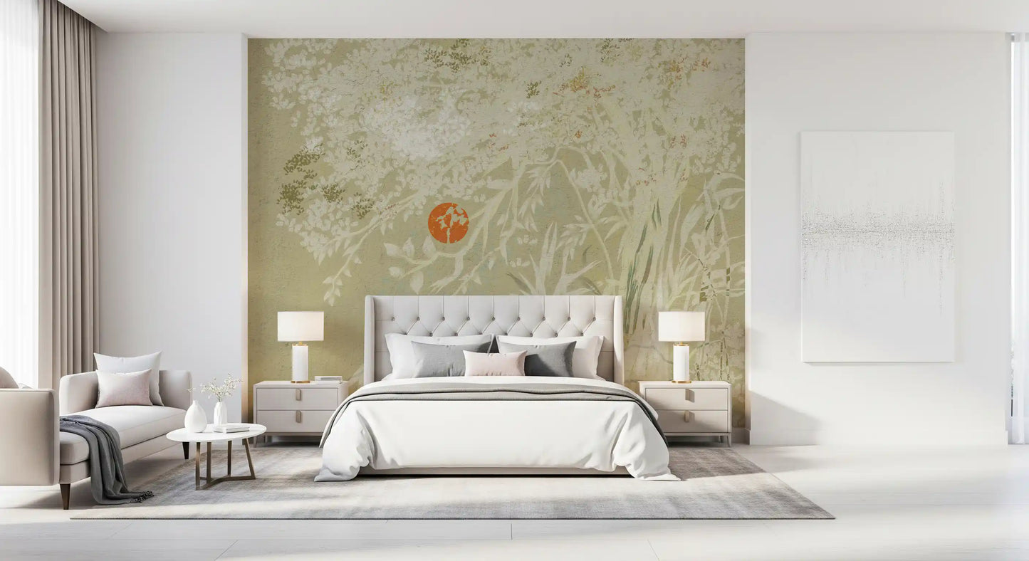 Weathered botanical sunrise wall mural for bedroom feature wall.