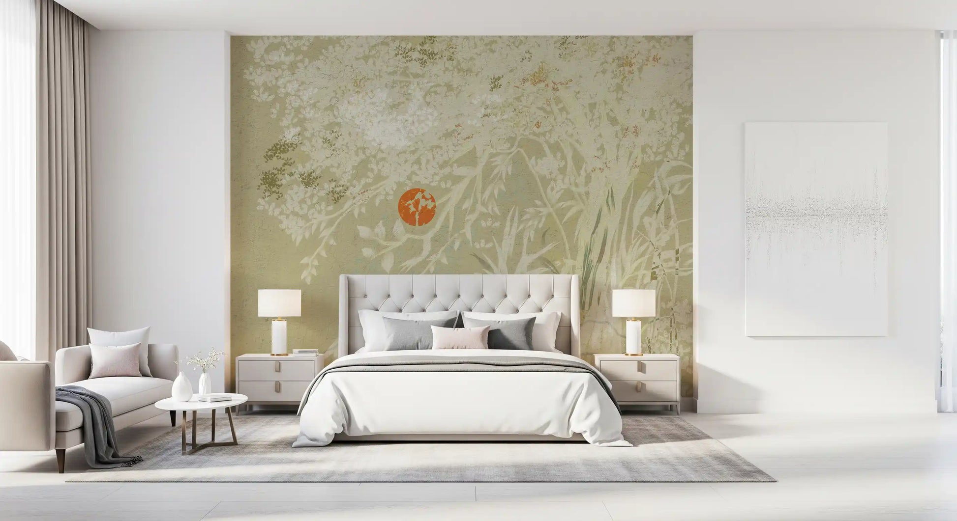 Weathered botanical sunrise wall mural for bedroom feature wall.