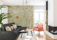 Sunrise wall mural with Japanese foliage and weathered paint effect.