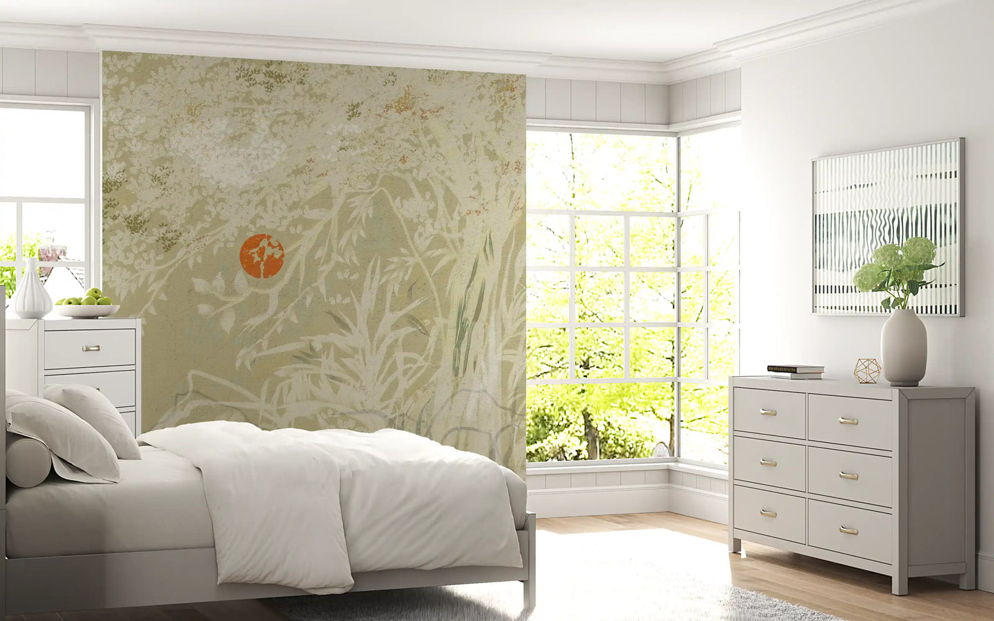 Botanical wall mural with a sunrise and weathered finish for bedroom.