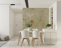 Minimalist Japanese botanical landscape wall mural in cream and olive green.