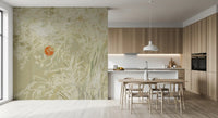 Zen Japanese Botanical Sunrise Japandi style Landscape wall mural for dining area.