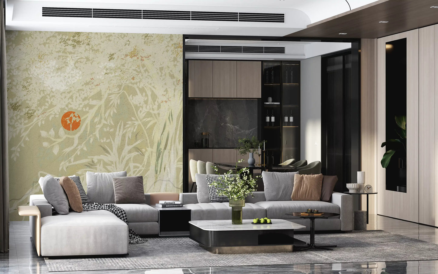 White weathered wall mural with sunrise and botanical branch details.