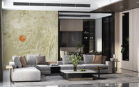 White weathered wall mural with sunrise and botanical branch details.