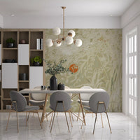 Zen Japanese Botanical Sunrise Japandi style Landscape wall mural in a dining room.