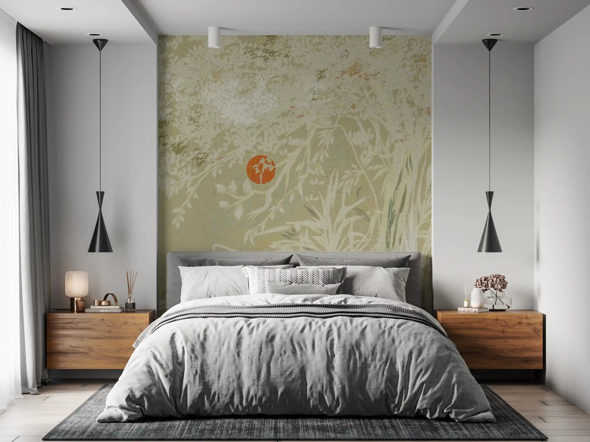 Japandi style landscape wall mural featuring a red sun and white trees.