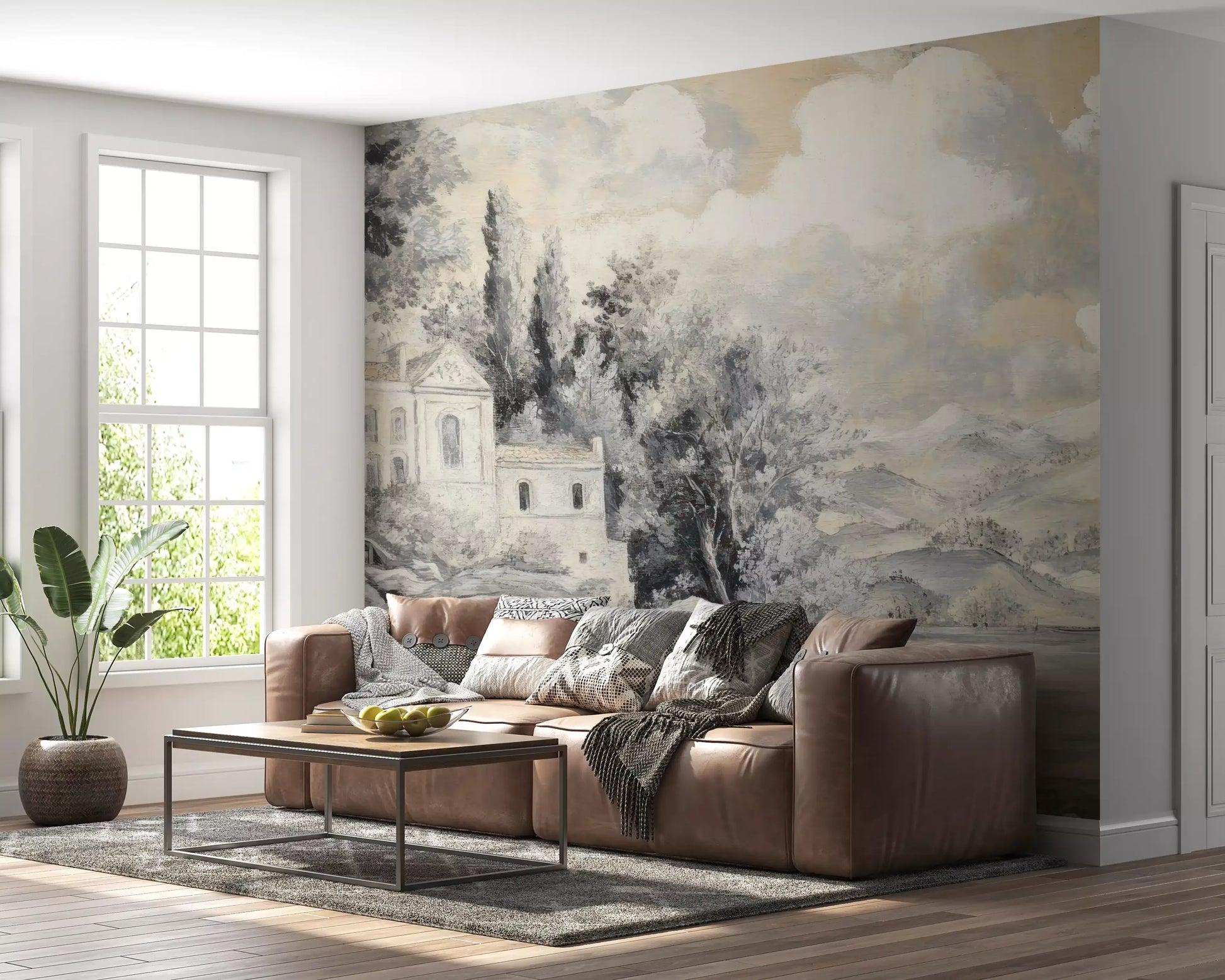 Grey and beige lakeside villa painting wall mural for hallway decoration.