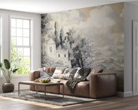 Grey and beige lakeside villa painting wall mural for hallway decoration.