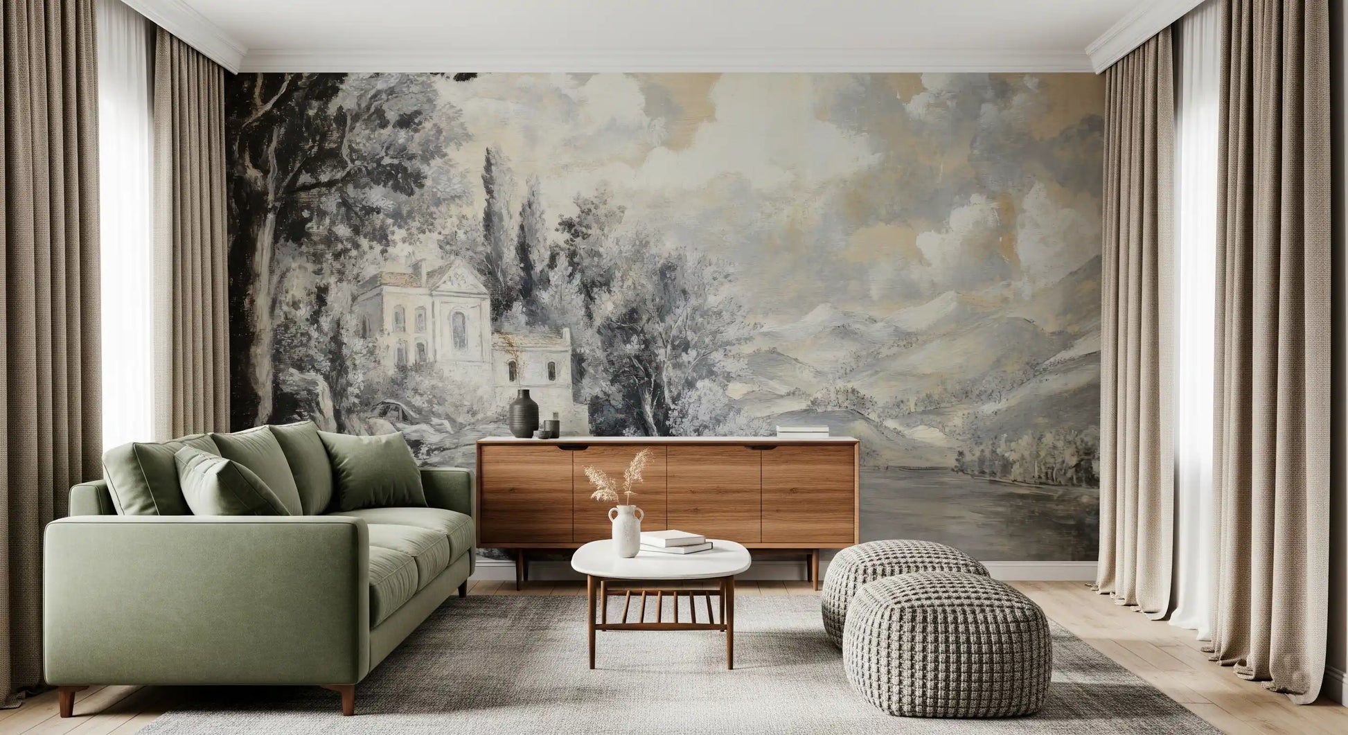 Brushstroke style lake and mountain scenery wall mural for a living area.