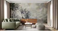Brushstroke style lake and mountain scenery wall mural for a living area.
