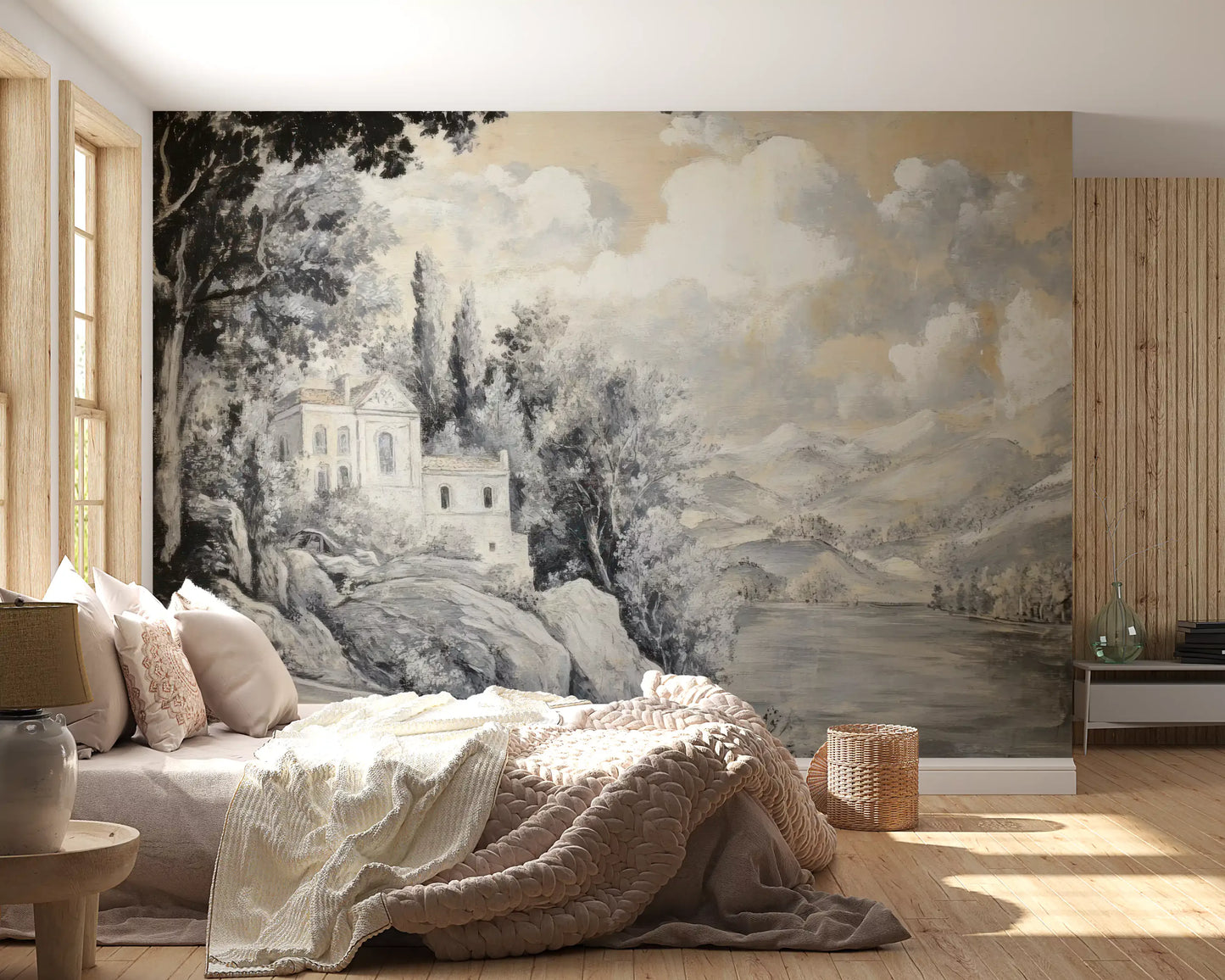 Classic Lakeside Vista Wall Mural with neutral tones for a guest bedroom.