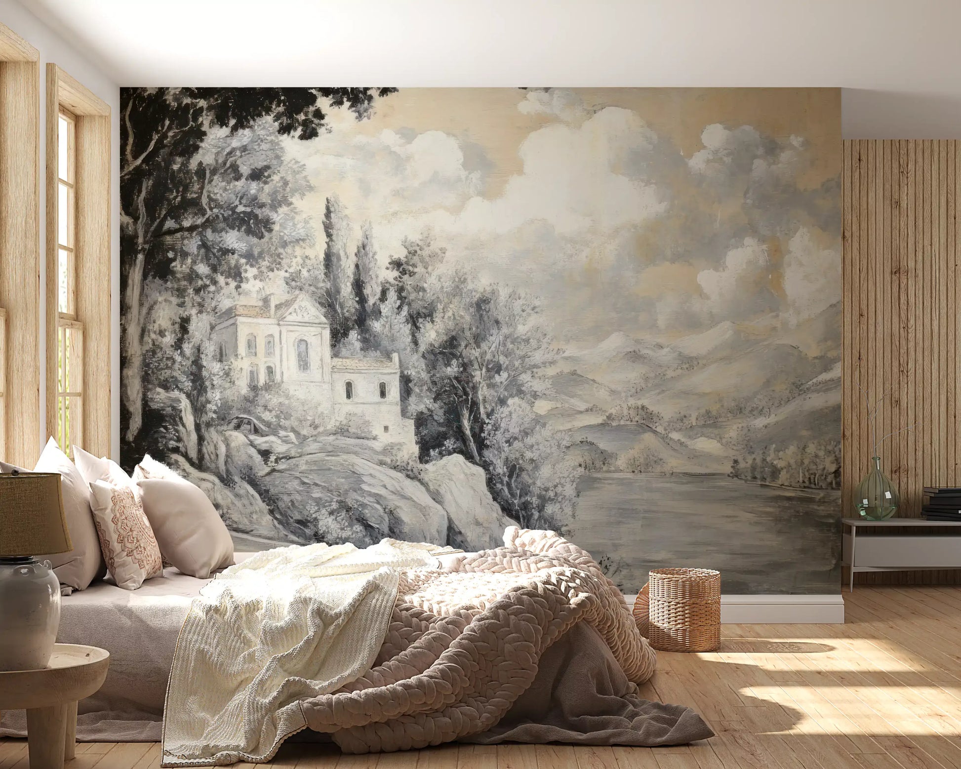 Classic Lakeside Vista Wall Mural with neutral tones for a guest bedroom.