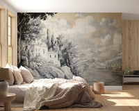 Classic Lakeside Vista Wall Mural with neutral tones for a guest bedroom.