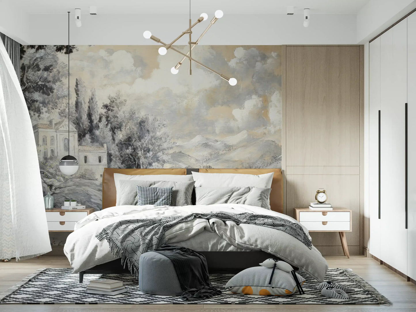 Traditional architecture and cypress tree landscape wall mural for a master bedroom.