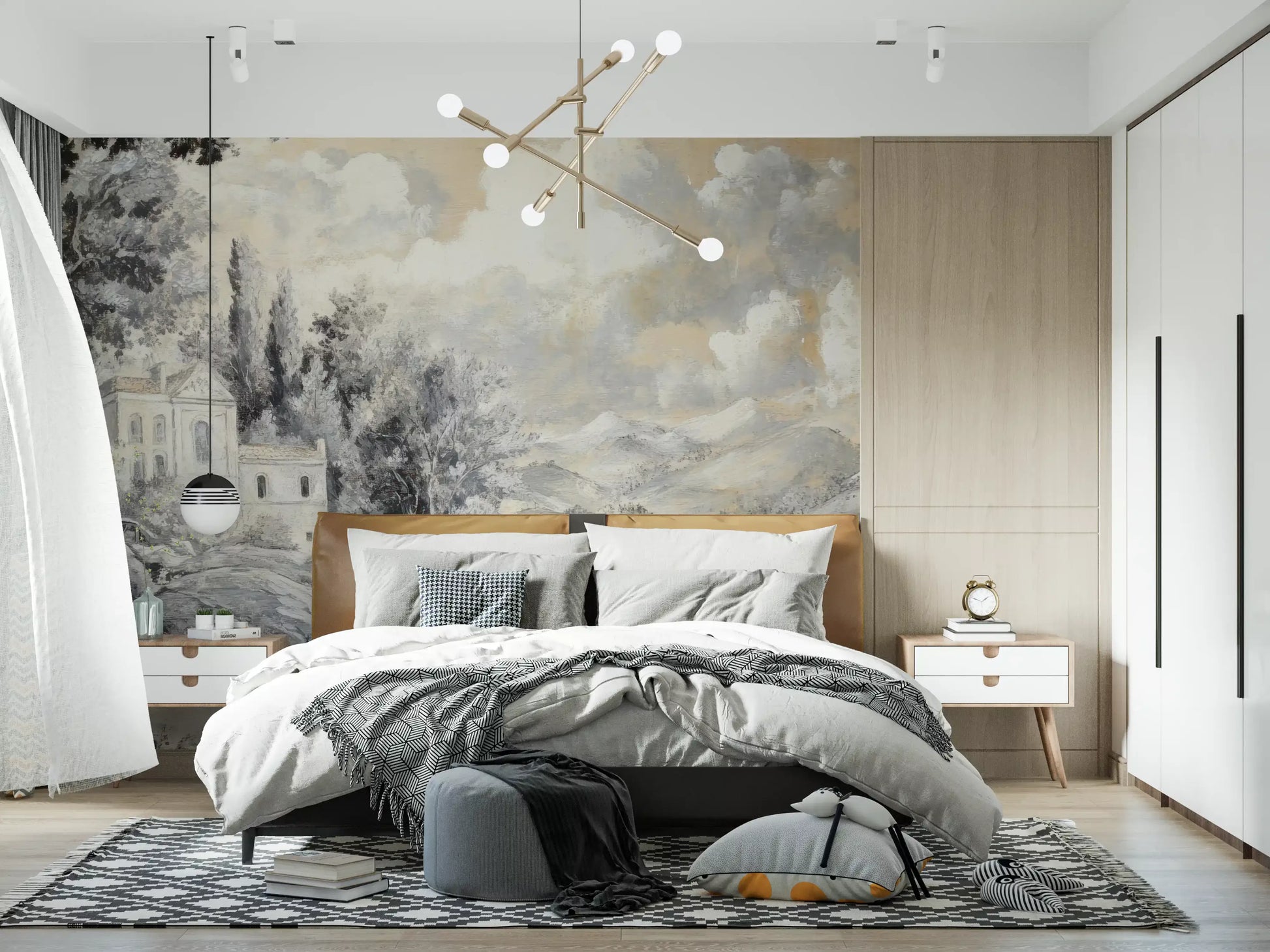 Traditional architecture and cypress tree landscape wall mural for a master bedroom.