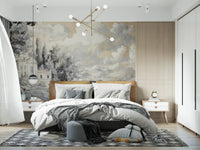Traditional architecture and cypress tree landscape wall mural for a master bedroom.