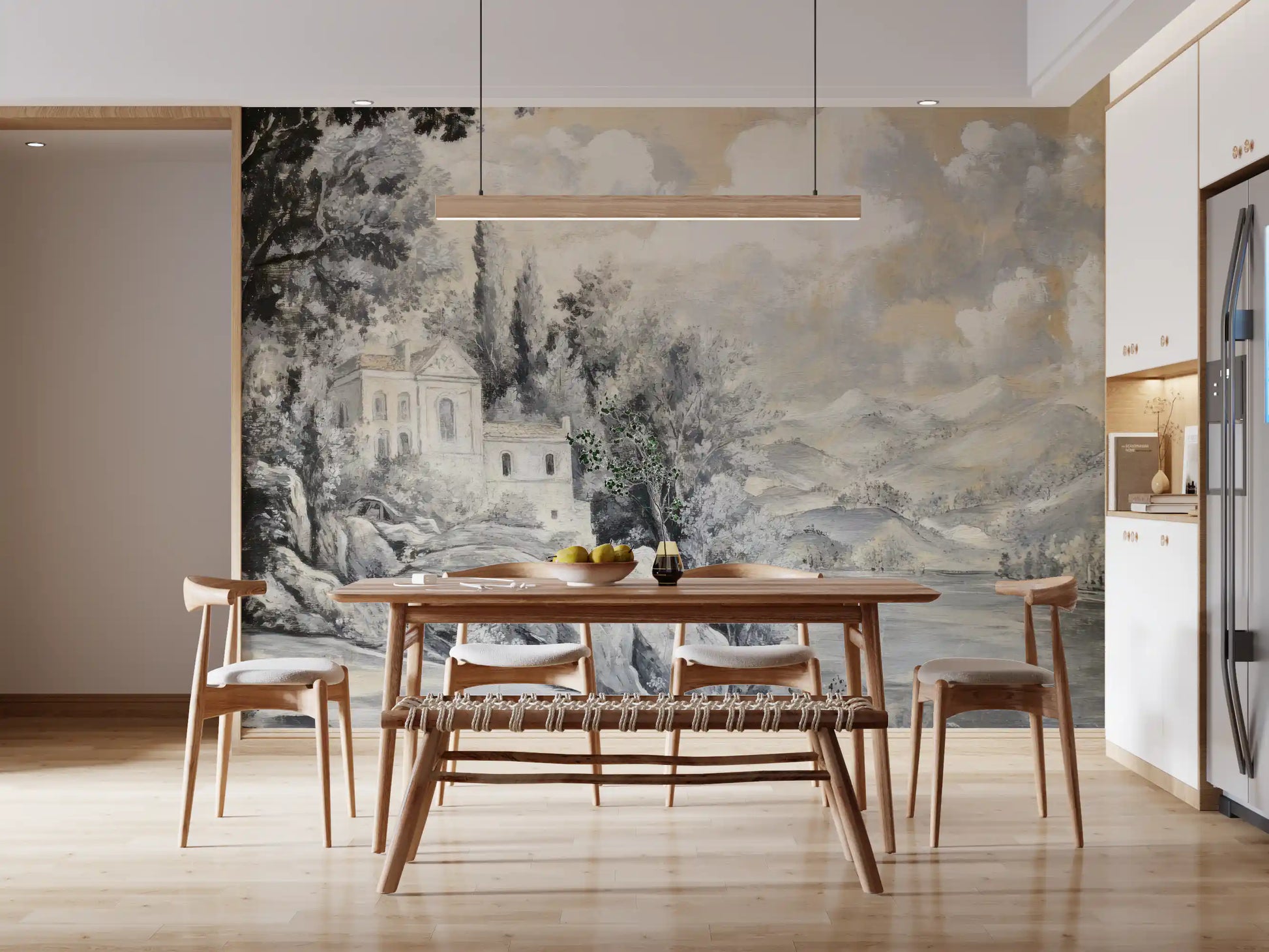Vintage European lakeside vista wall mural with rocky shore and calm water.