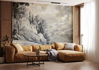 Neutral colour landscape with a house and mountains in a classic wall mural