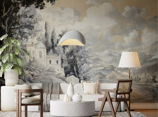 Classic Lakeside Vista Wall Mural for a living room feature interior.