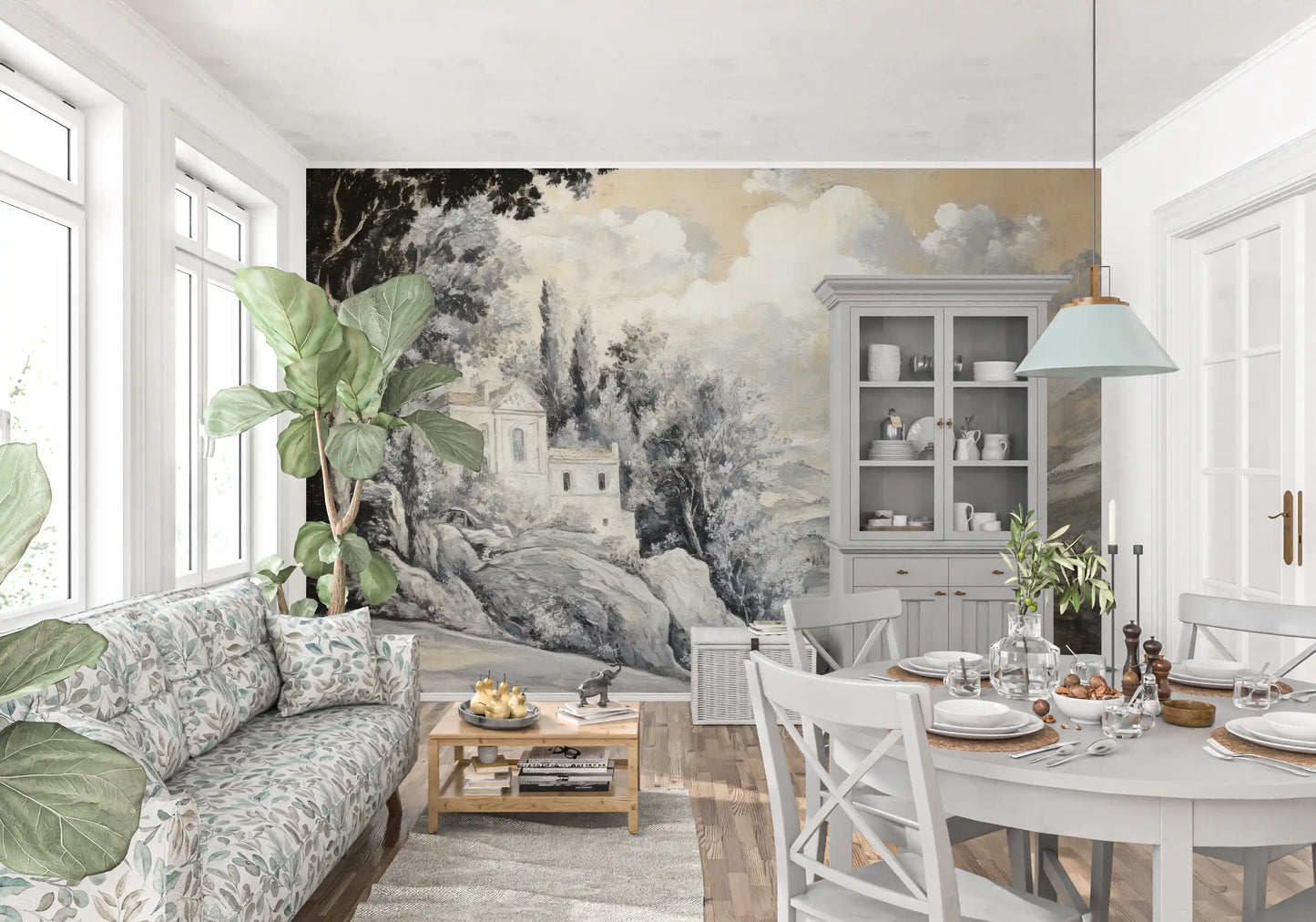 Classic Lakeside Vista Wall Mural in charcoal and beige for a dining room.