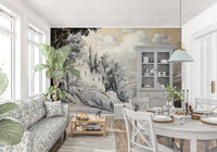 Classic Lakeside Vista Wall Mural in charcoal and beige for a dining room.