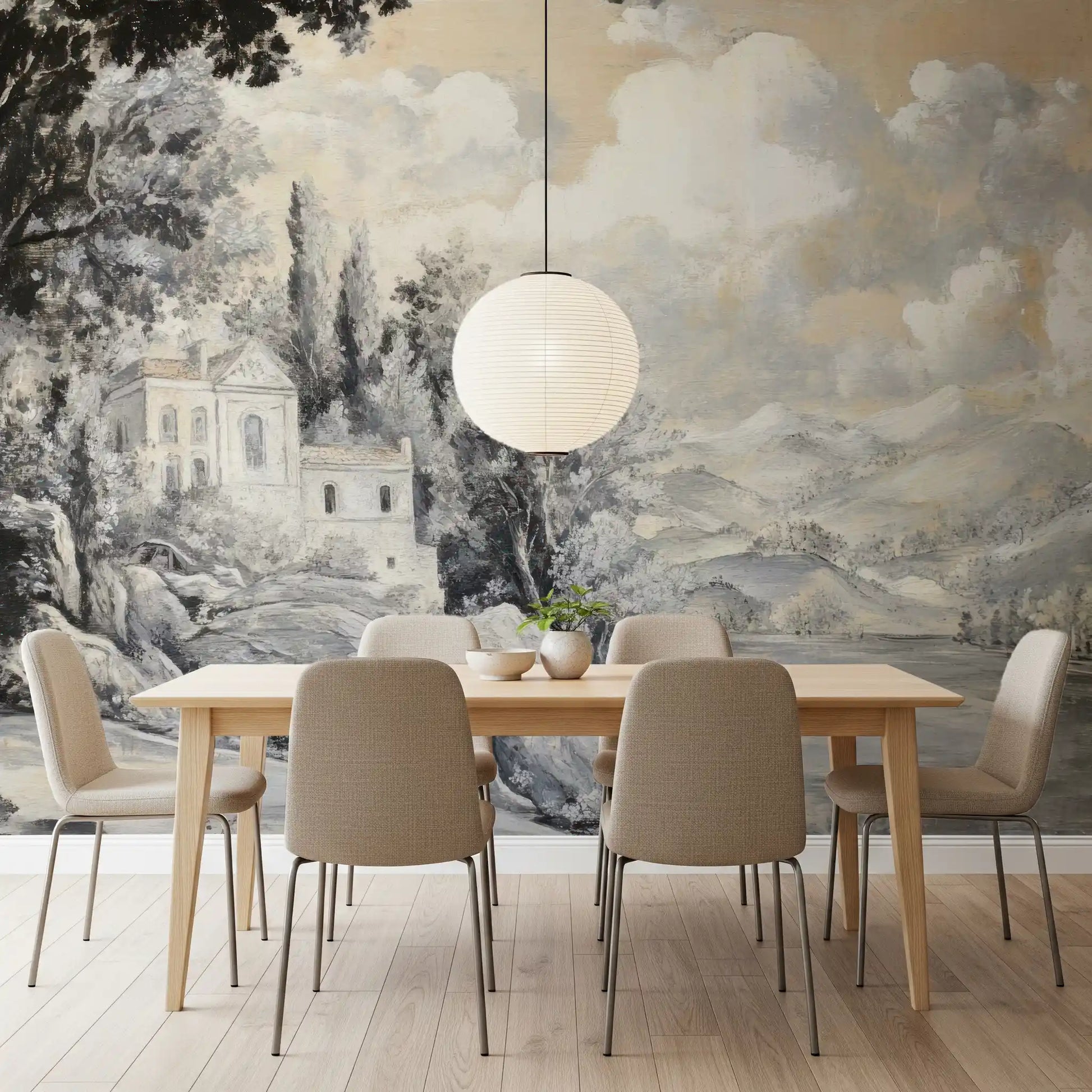 Detailed charcoal tree sketches and alpine peaks in this classic wall mural.