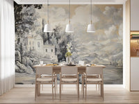 Vintage grey villa and alpine mountain landscape wall mural for dining room.