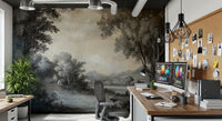 Monochrome Lakeside Vista Wall Mural with nature scene in a home office., GD10019