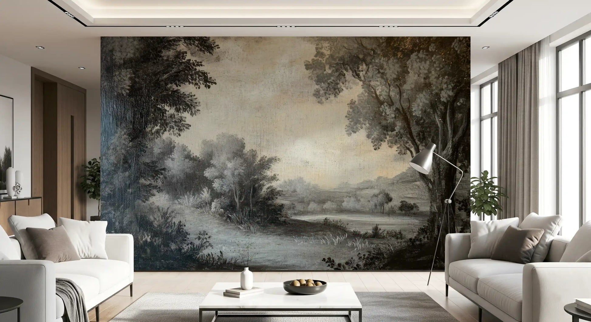 Grey landscape wall mural illustrating a quiet countryside view with large trees., GD10019
