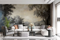 Vintage style lake and hill landscape wall mural in charcoal and white tones., GD10019