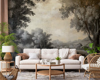 Monochrome Lakeside Vista Wall Mural with vintage forest scenery for a living area., GD10019
