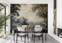 Neutral grey and beige landscape wall mural with a lakeside view for a dining room., GD10019