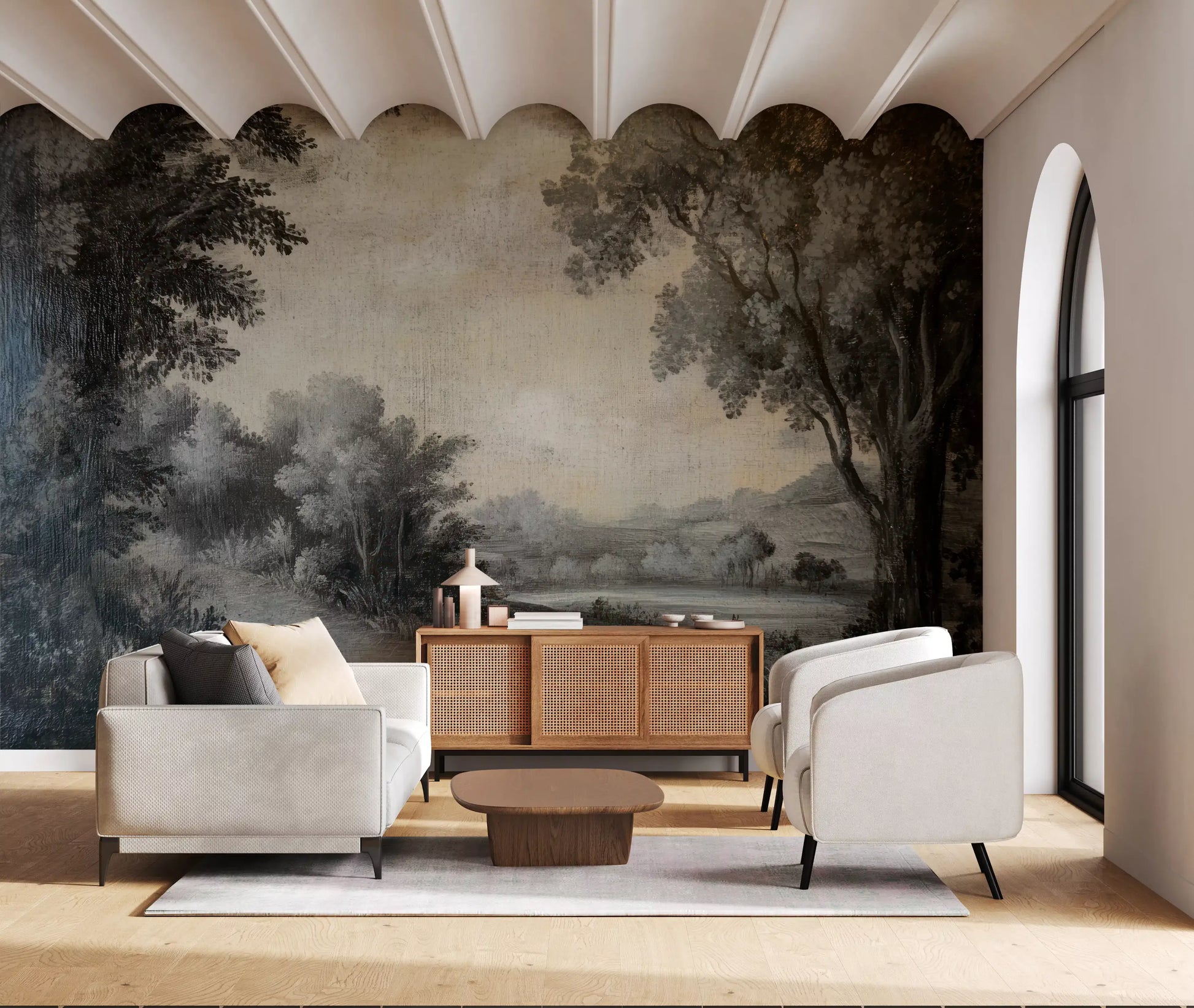 Detailed tree foliage and distant hills in a grey monochrome wall mural., GD10019