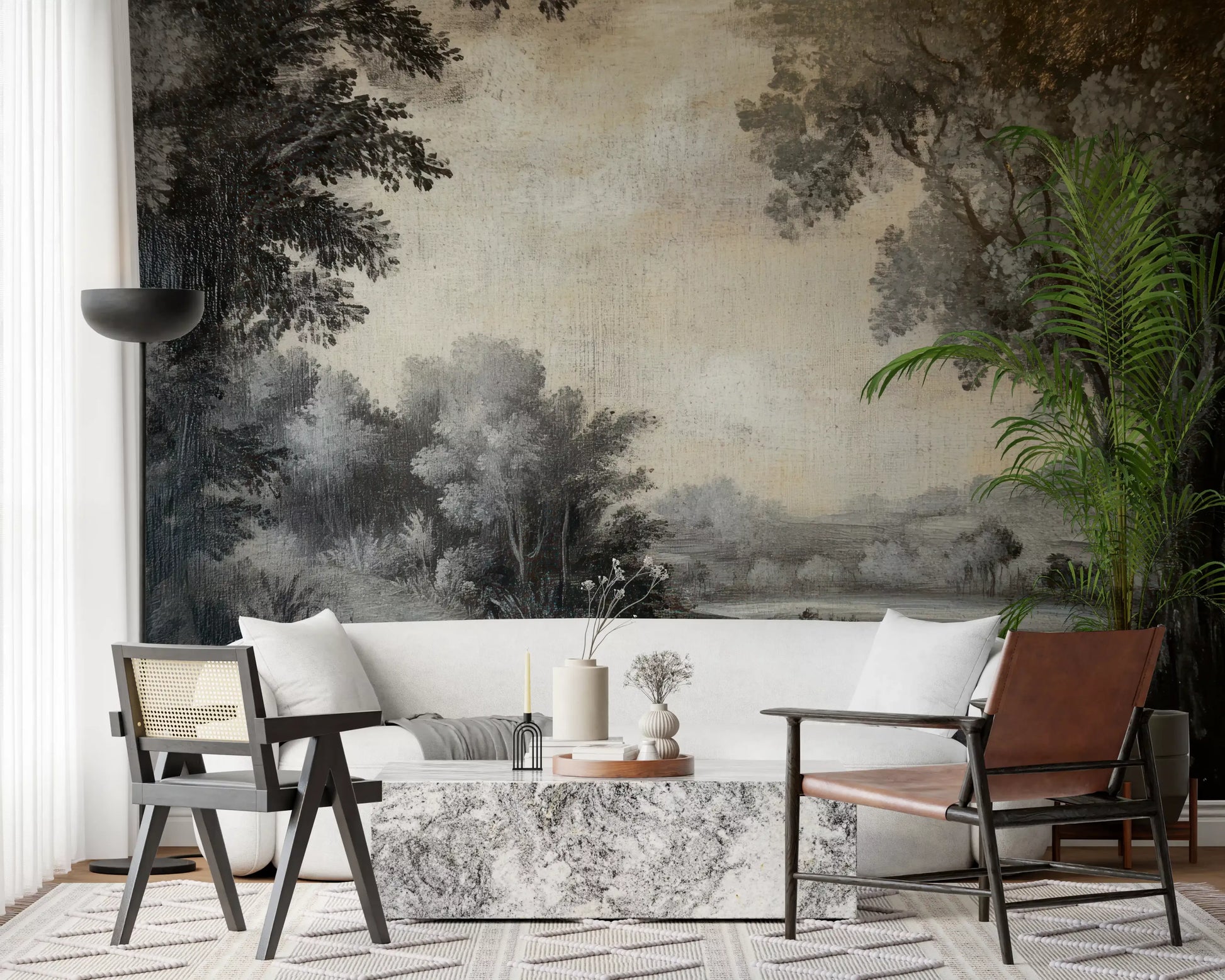 Monochrome Lakeside Vista Wall Mural with soft cloud textures for a hallway., GD10019