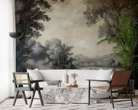 Monochrome Lakeside Vista Wall Mural with soft cloud textures for a hallway., GD10019