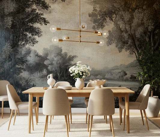 Monochrome Lakeside Vista Wall Mural in grey tones for a dining room.