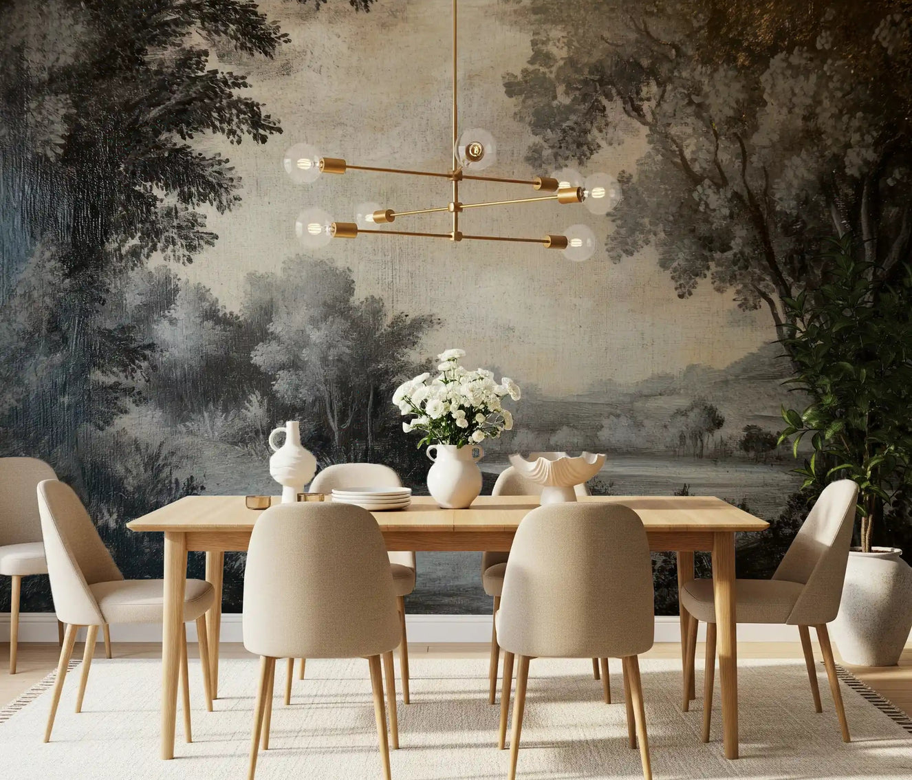 Monochrome Lakeside Vista Wall Mural in grey tones for a dining room.