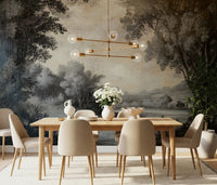 Monochrome Lakeside Vista Wall Mural in grey tones for a dining room., GD10019
