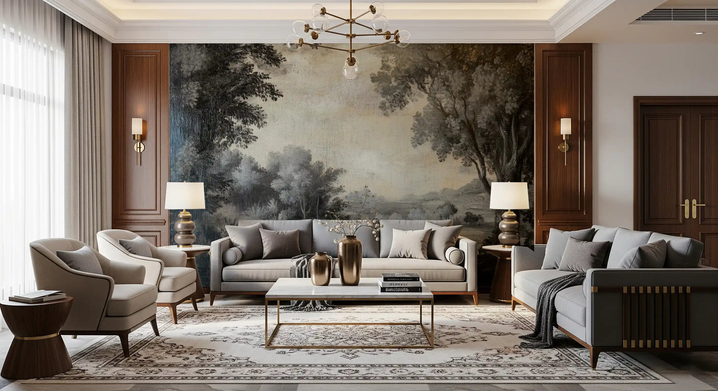 Traditional art style forest landscape wall mural in a muted monochrome palette., GD10019