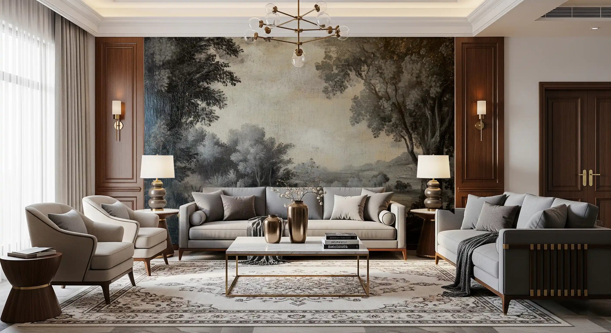 Traditional art style forest landscape wall mural in a muted monochrome palette., GD10019