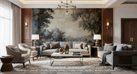 Traditional art style forest landscape wall mural in a muted monochrome palette., GD10019