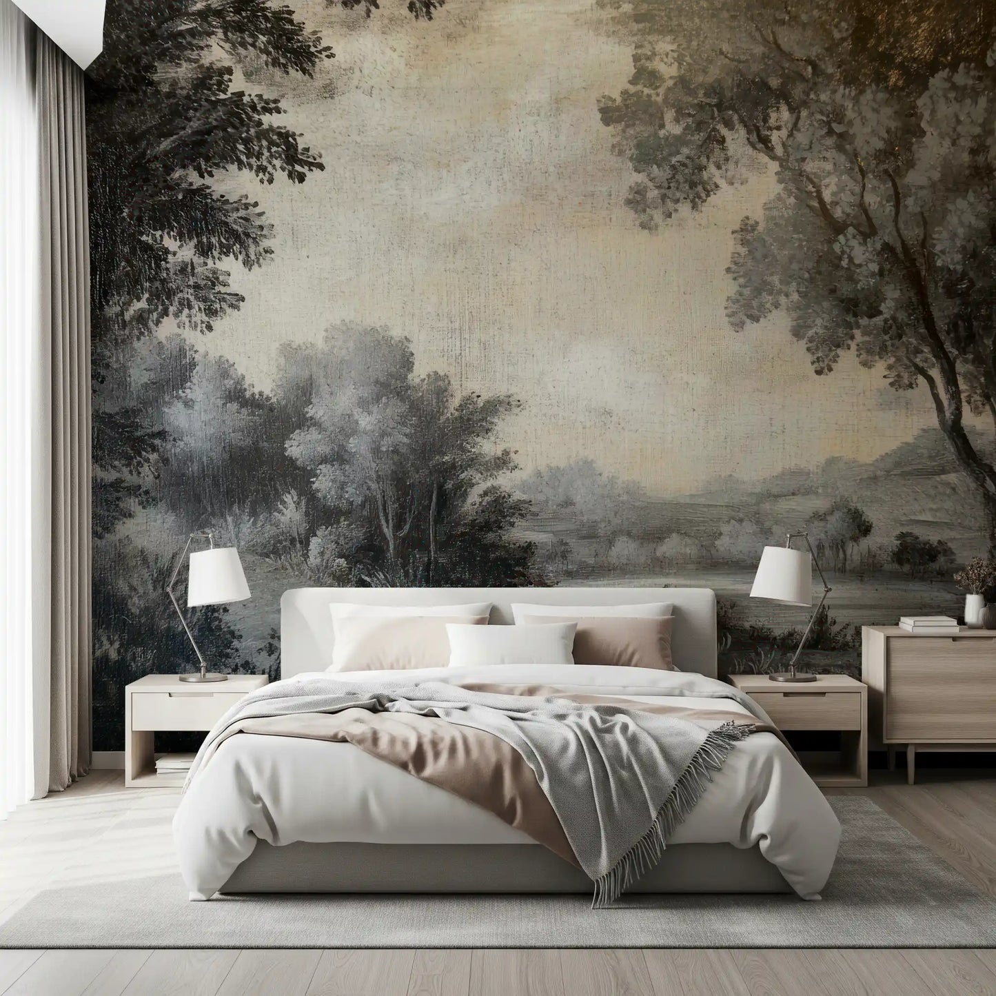Grey landscape painting wall mural featuring tall trees and a quiet lake scene., GD10019