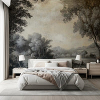 Grey landscape painting wall mural featuring tall trees and a quiet lake scene., GD10019