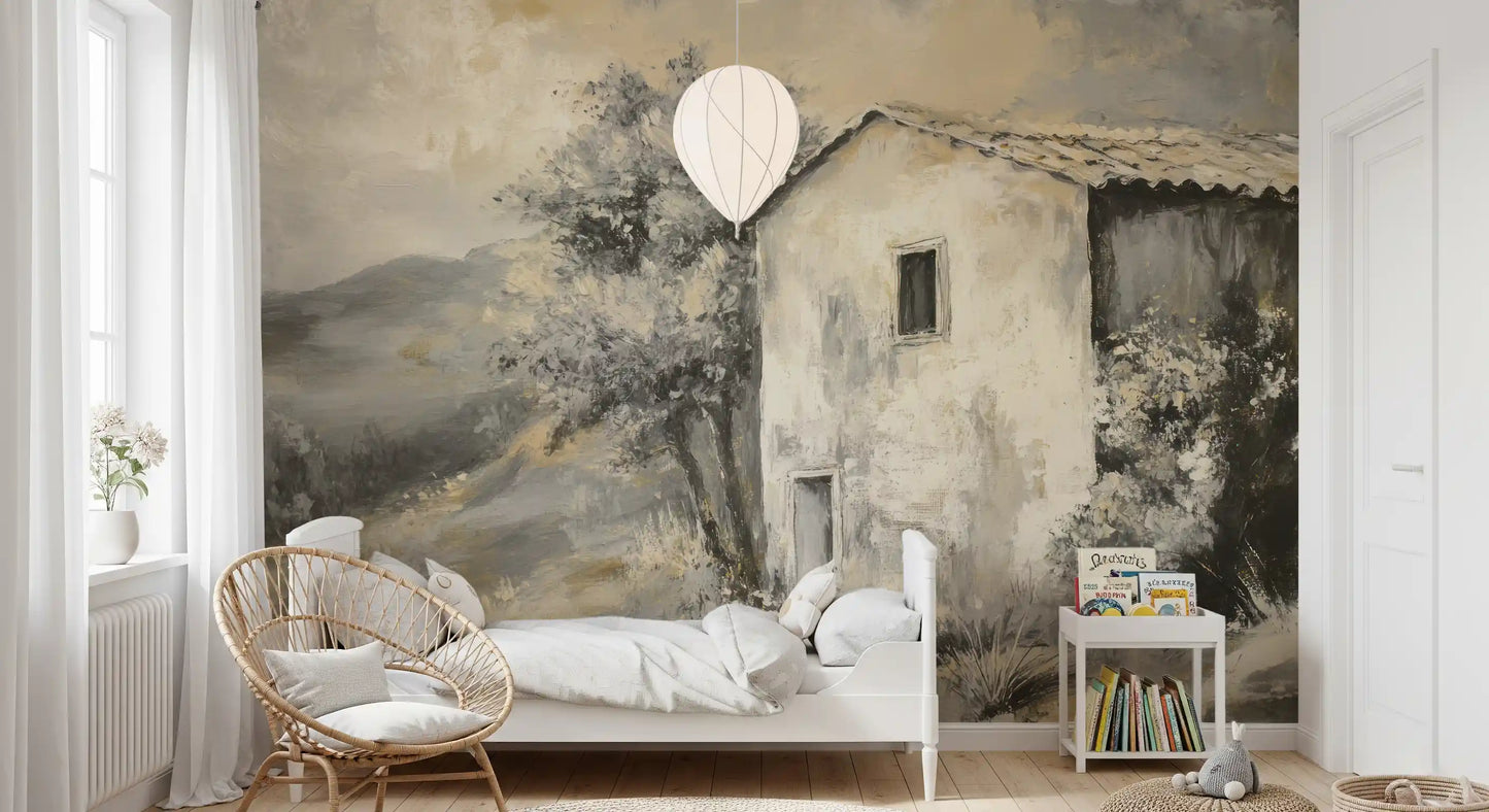 Monochrome retreat themed wall mural with house and mountain for bedroom.