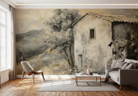 Watercolor effect landscape wall mural with house and grey hills visuals.