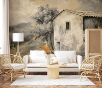 Impressionist rustic cottage and mountain scene wall mural in neutral tones.