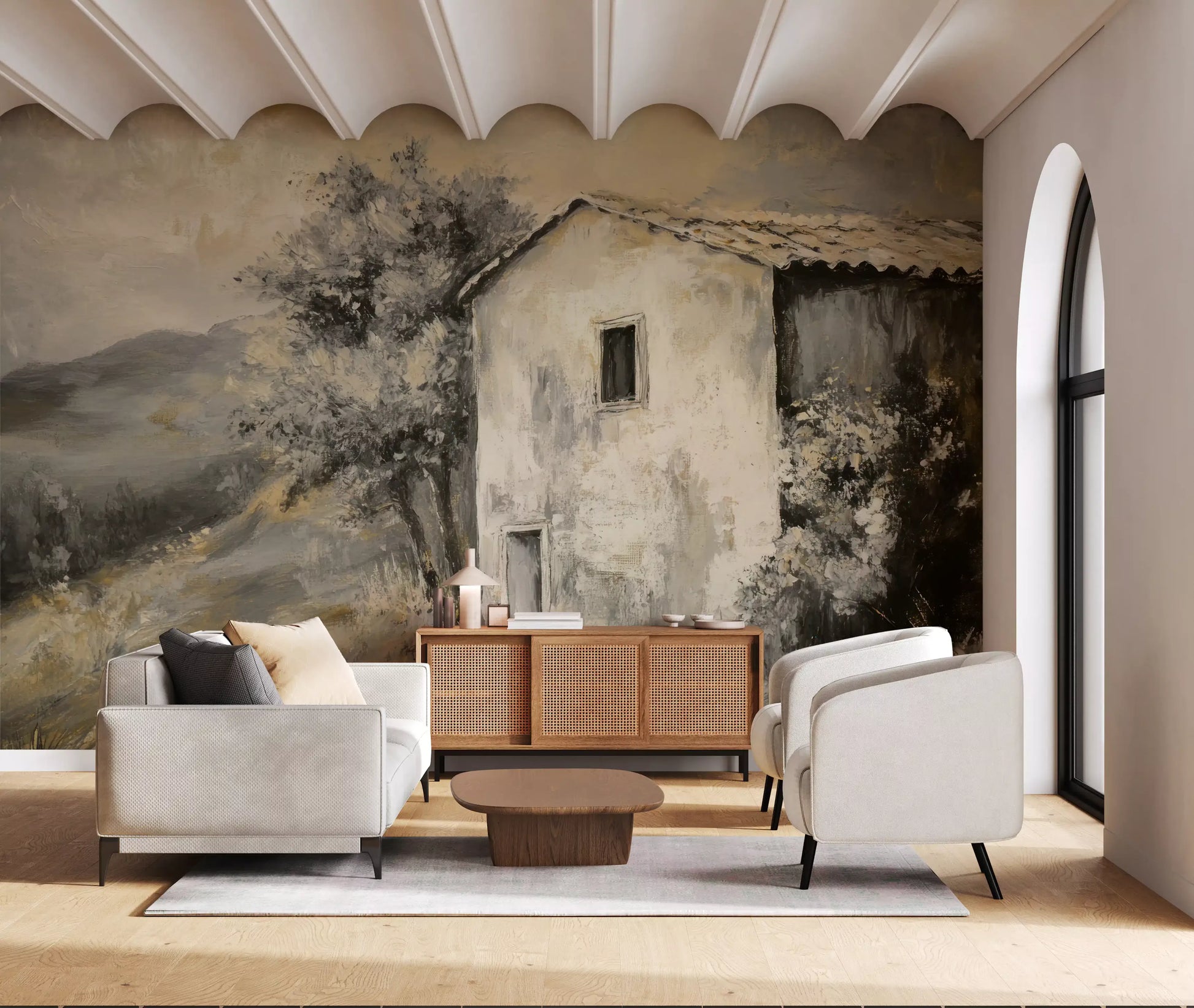 Beige painterly landscape wall mural featuring a country house and dark trees.