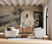Beige painterly landscape wall mural featuring a country house and dark trees.